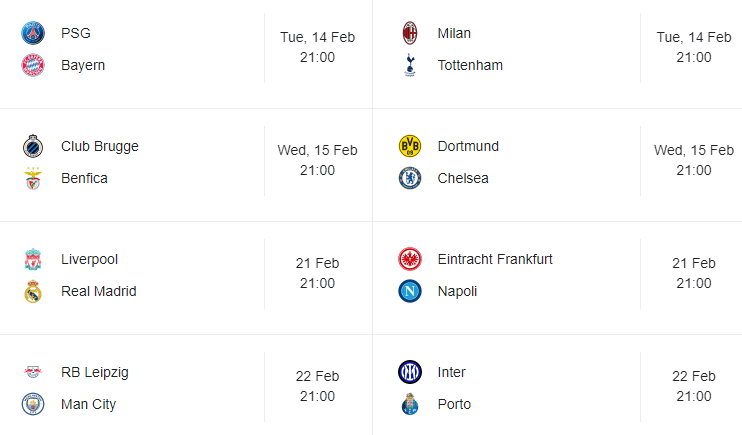 Champions League Round of 16 Fixtures