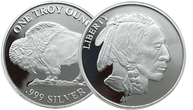 A typical 1 oz buffalo silver round, produced by a variety of refiners - obverse and reverse