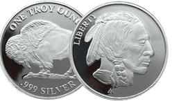 A typical 1 oz buffalo silver round, produced by a variety of refiners - obverse and reverse