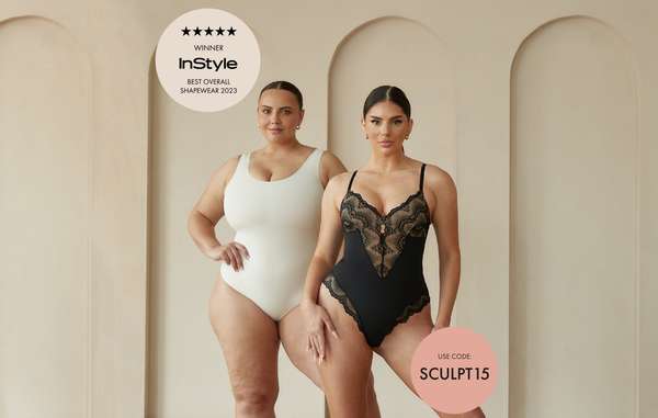 Two women posing in bodysuits against a neutral backdrop with promotional text and award badge.